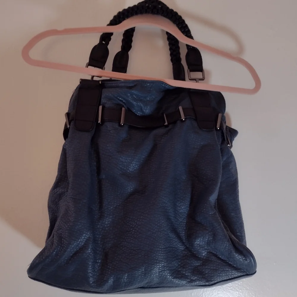 Romeo & Juliet Couture Blue Large Faux Leather Handbag w/ Braided Handle